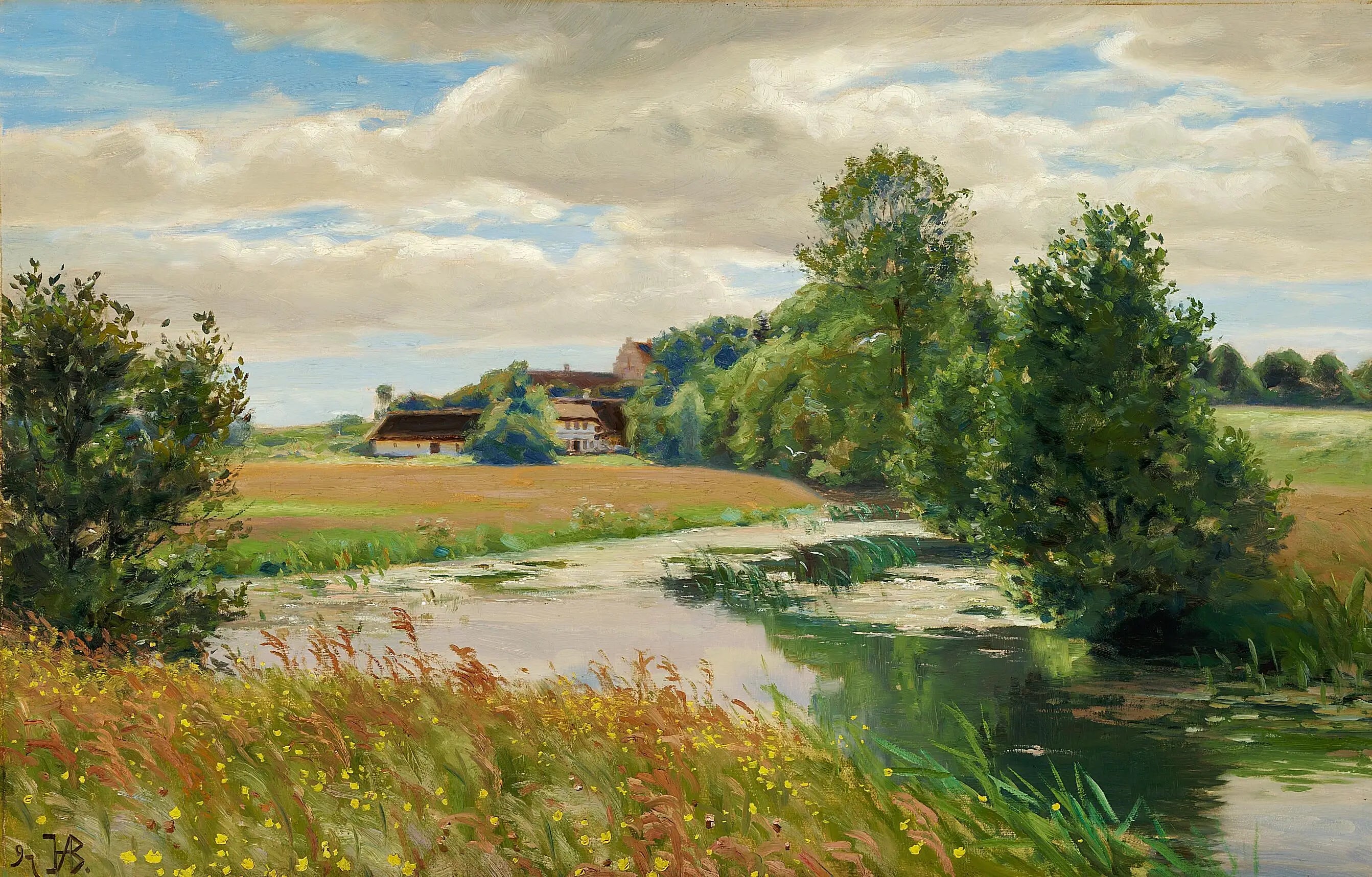 Paysage d’été au bord d’une rivière près d’une église. - H. A. Brendekilde - Alpha Reproduction