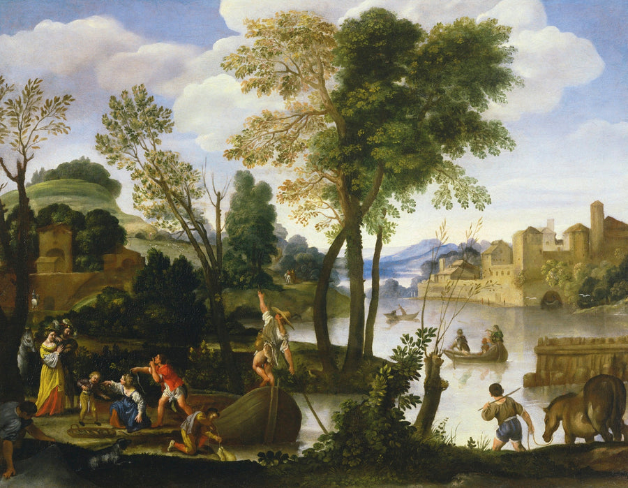 Paesaggio fluviale con battellieri e pescatori, una coppia elegante che passeggia lungo il fiume - Domenichino