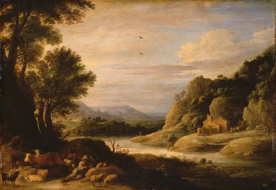 Paesaggio fluviale con pastori e greggi in riposo - David Teniers il Giovane