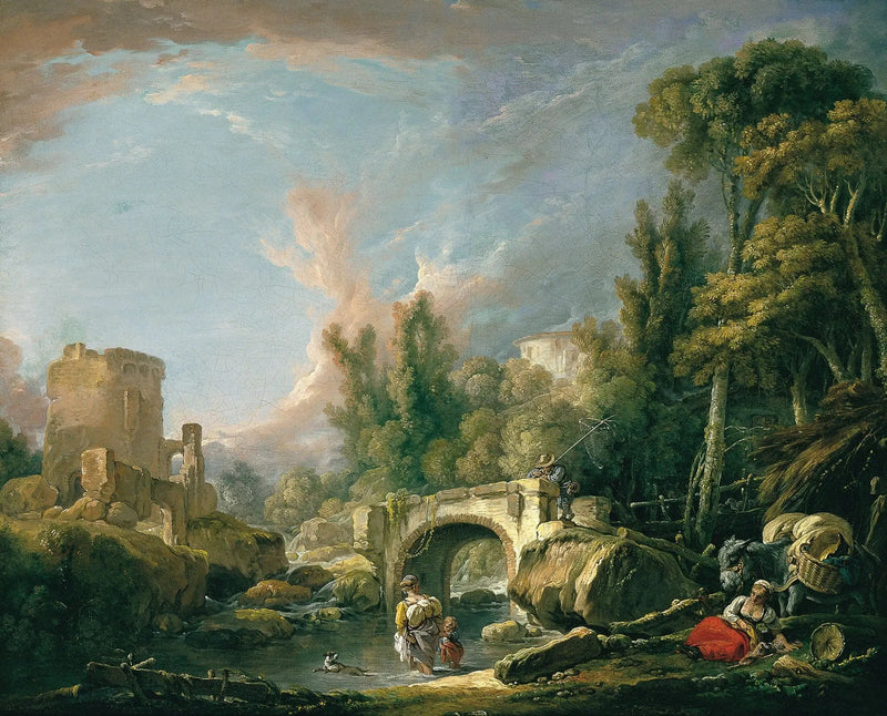 Paesaggio fluviale con rovina e ponte - François Boucher