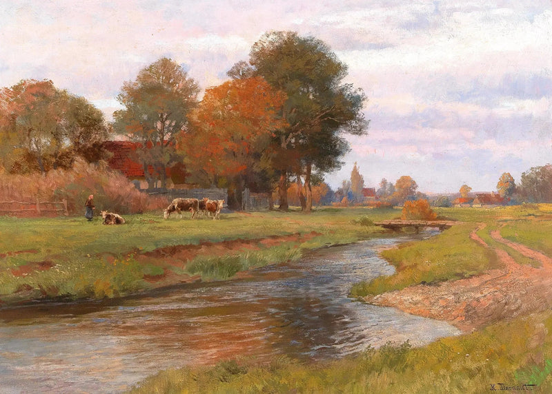 Paesaggio fluviale con un piccolo gregge di mucche e un villaggio sullo sfondo - Hugo Darnaut