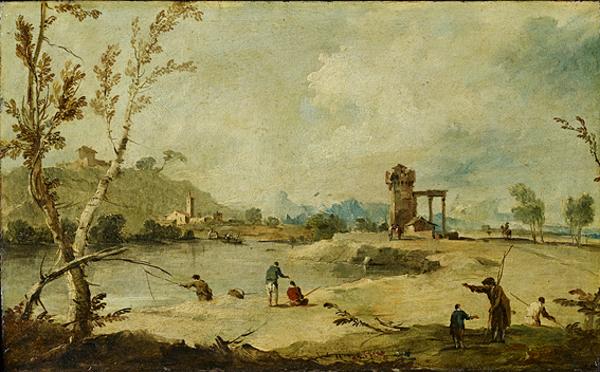 Paesaggio fluviale con una torre in rovina e un villaggio lontano - Francesco Guardi