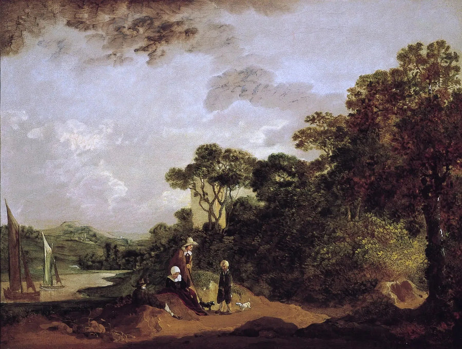 Paesaggio fluviale boscoso con contadini a riposo e campanile della chiesa - Thomas Gainsborough