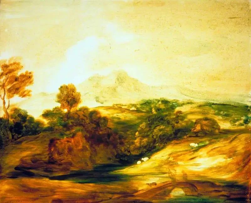 Paysage fluvial boisé avec personnages sur un pont, un chalet, des moutons et des montagnes lointaines - Thomas Gainsborough image 1 copie de tableau peinte à la main