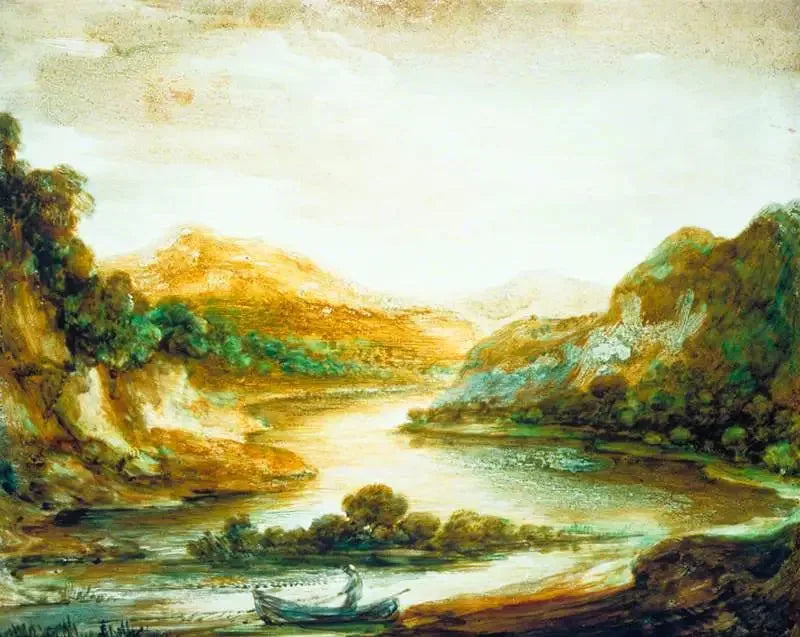 Paesaggio fluviale boscoso con un pescatore in una barca, alte rive e montagne lontane - Thomas Gainsborough