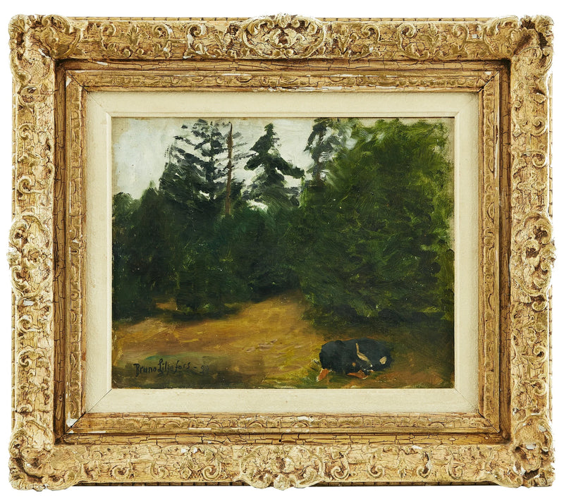 Paesaggio boschivo con un cane addormentato - Bruno Liljefors