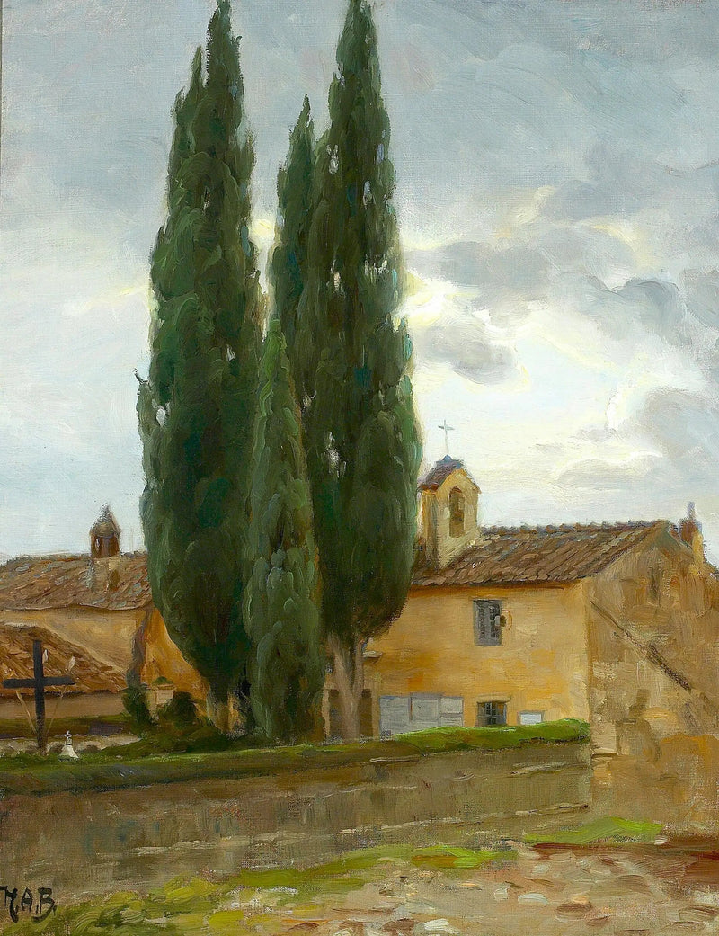 Paesaggio italiano con un monastero e pini. - H. A. Brendekilde