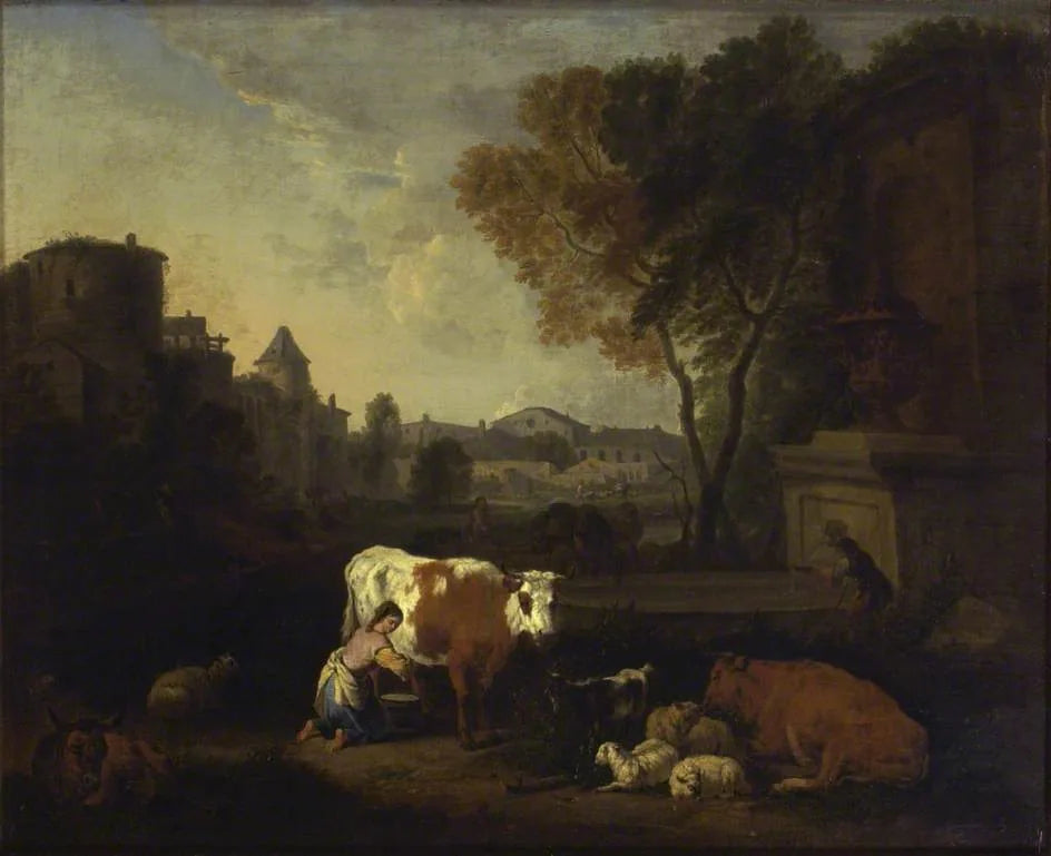 Paysage italien avec une jeune fille trayant une vache - Adriaen van de Velde image 1 reproduction réalisée par Alpha Reproduction