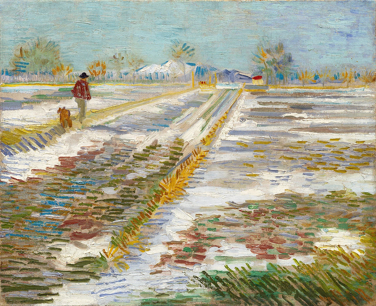 Paysage avec neige, F290 — chemin, champs enneigés, homme et chien peints par Vincent van Gogh à Arles