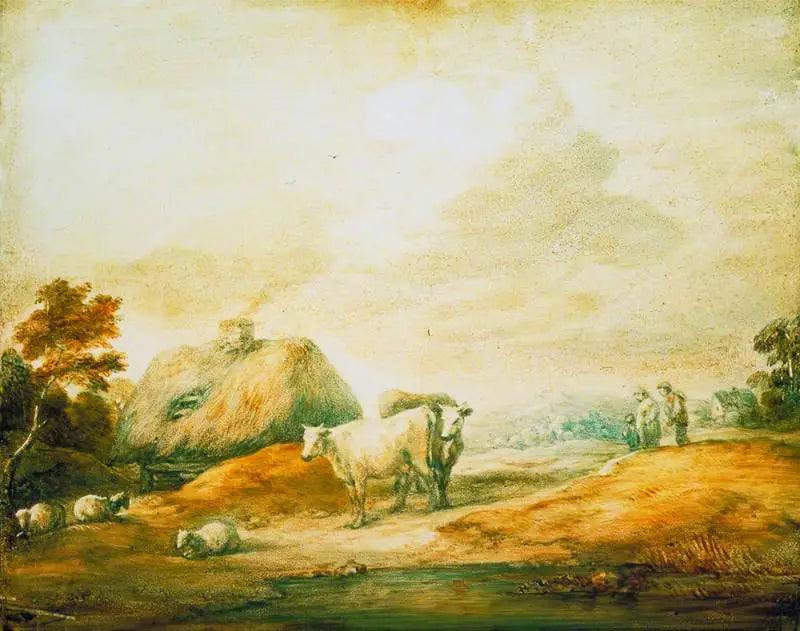 Paesaggio aperto con contadini, mucche, pecore, chalet e piscina - Thomas Gainsborough