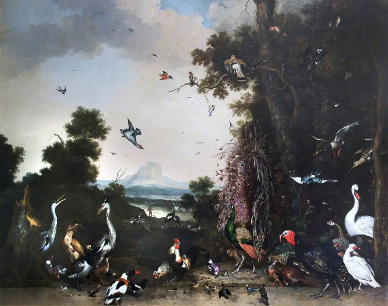 Paesaggio aperto con pollame e uccelli acquatici - Melchior de Hondecoeter