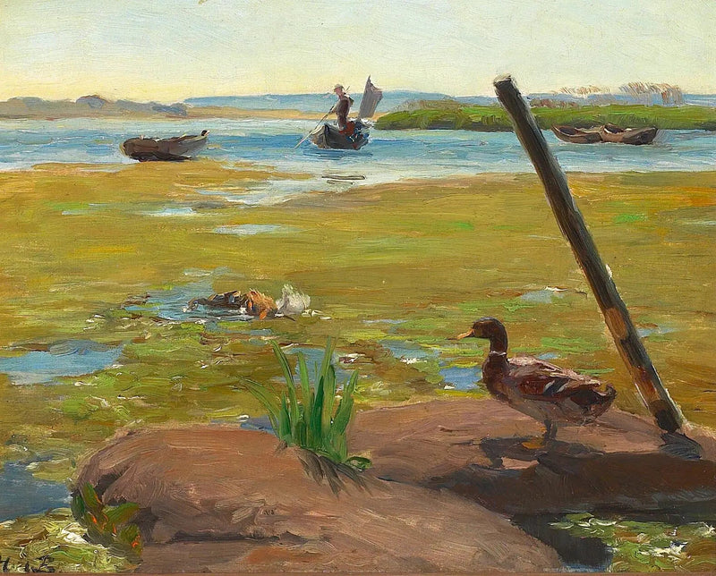 Paesaggio vicino a Jyllinge con un'anatra. Sullo sfondo, un uomo fa punting. - H. A. Brendekilde