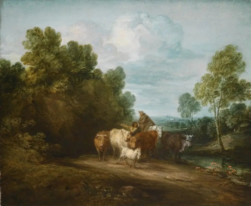 Paesaggio roccioso boscoso con contadino a cavallo, pastore e bestiame, e edificio in lontananza - Thomas Gainsborough