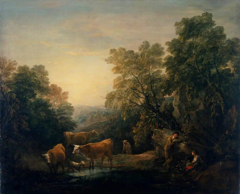 Paesaggio roccioso e boscoso con amanti rustici, un pastore e mucche - Thomas Gainsborough