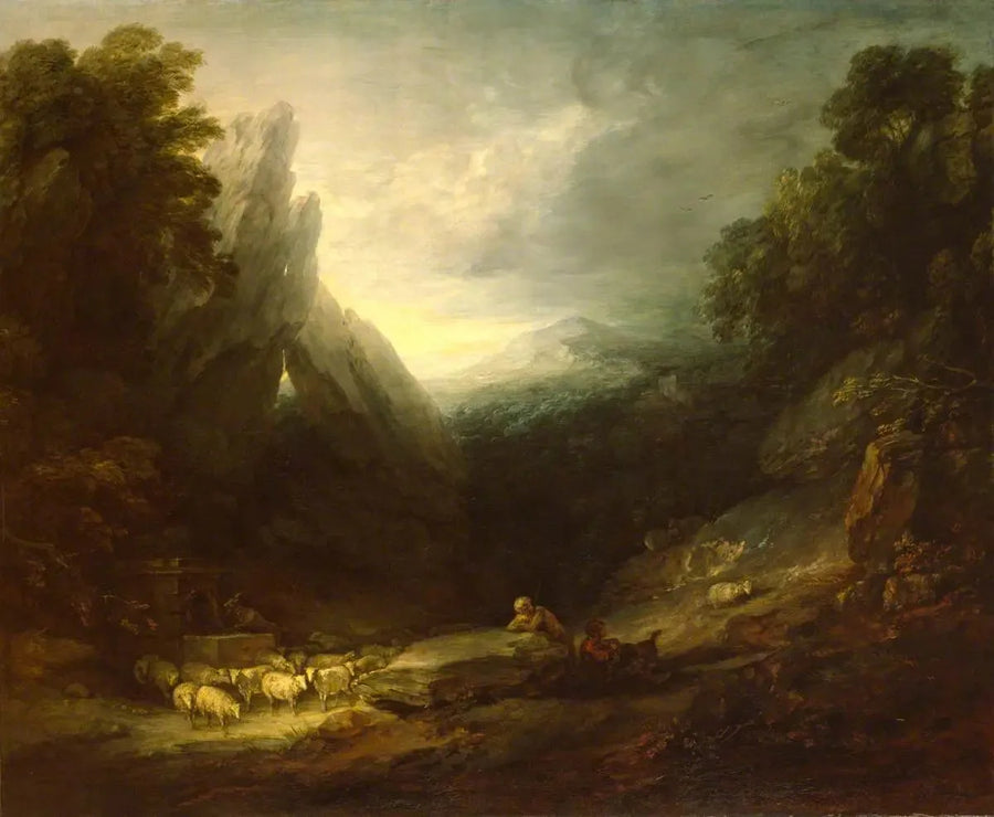 Paesaggio romantico con pecore a una fonte - Thomas Gainsborough