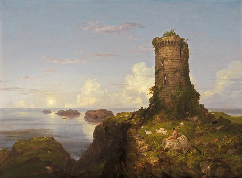 Paesaggio romantico con torre in rovina - Thomas Cole