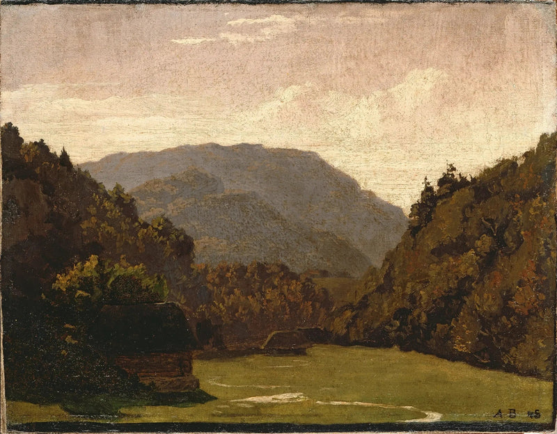 Paesaggio ondulato con capanne di tronchi e un ruscello nella pianura - Arnold Böcklin
