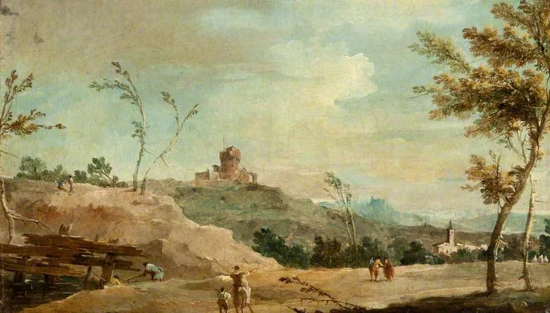 Paesaggio ondulato con una torre in rovina - Francesco Guardi