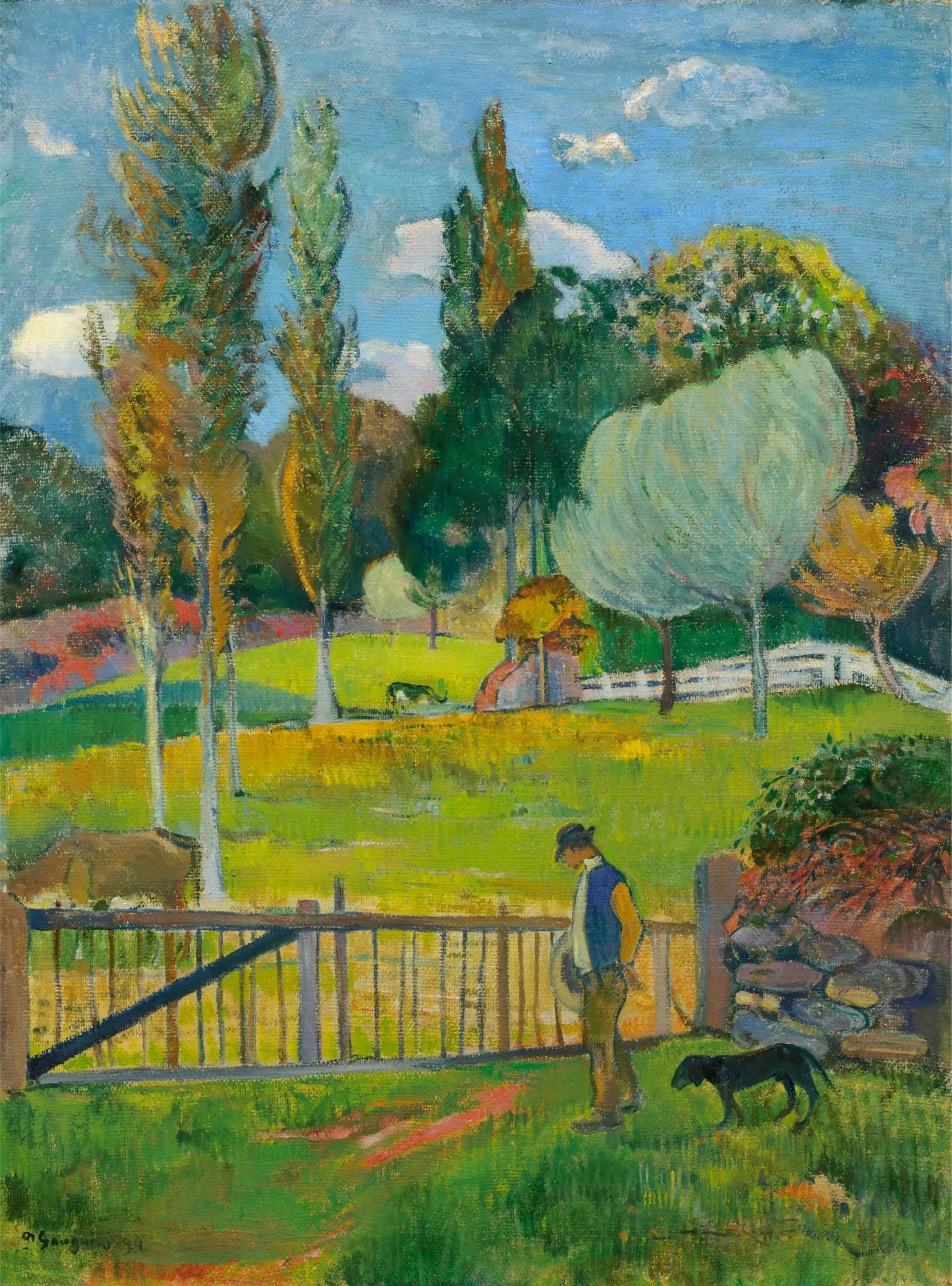 Paysan et son chien près d'une barrière - Paul Gauguin image 1 reproduction de peinture à l’huile