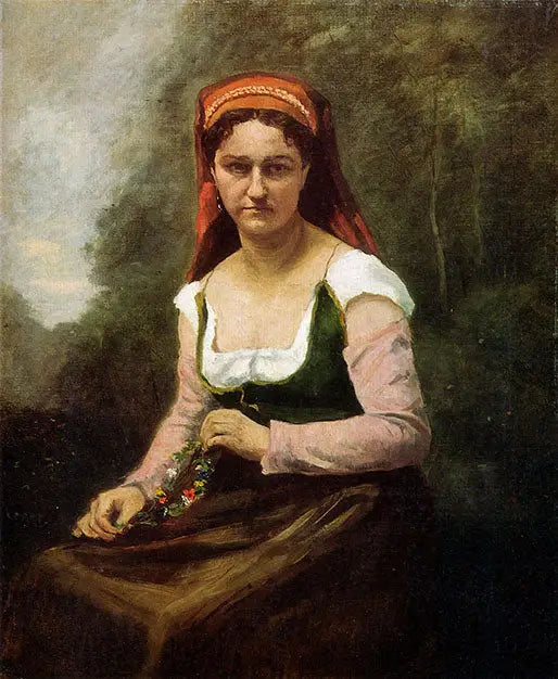 Contadina seduta nel verde, che tiene una ghirlanda di fiori - Jean-Baptiste Camille Corot