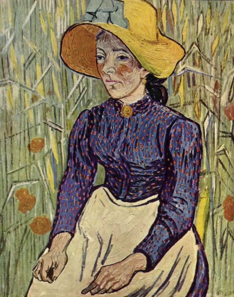 Contadina con cappello di paglia seduta davanti a un campo di grano - Vincent van Gogh