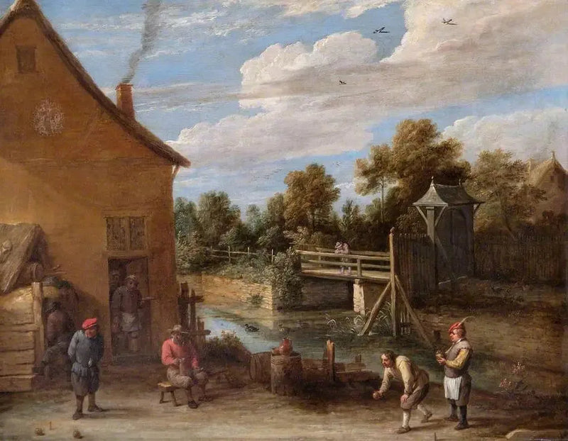 Contadini che giocano a bocce davanti a una locanda sul bordo di un fiume - David Teniers il Giovane