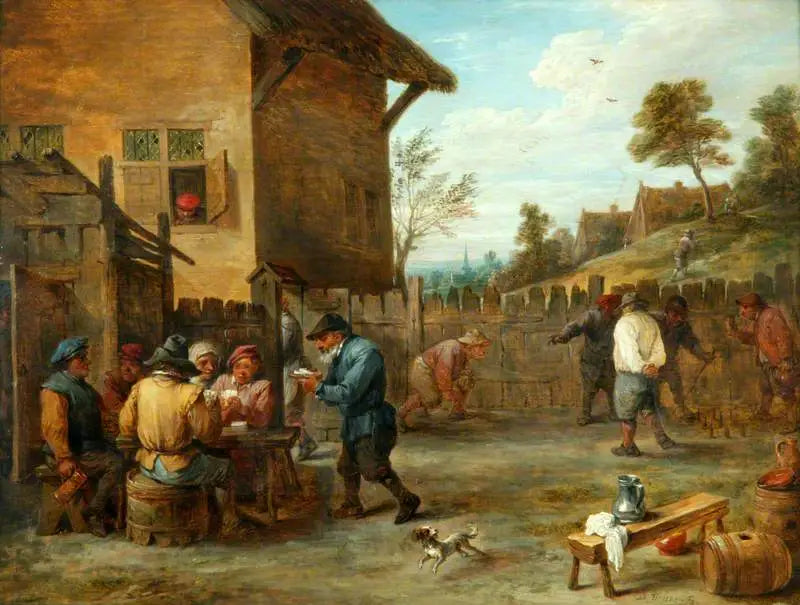 Contadini che giocano a carte e alle bocce in un cortile - David Teniers il Giovane