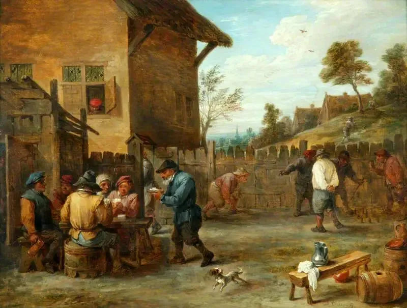 Contadini che giocano a carte e alle bocce in un cortile - David Teniers il Giovane