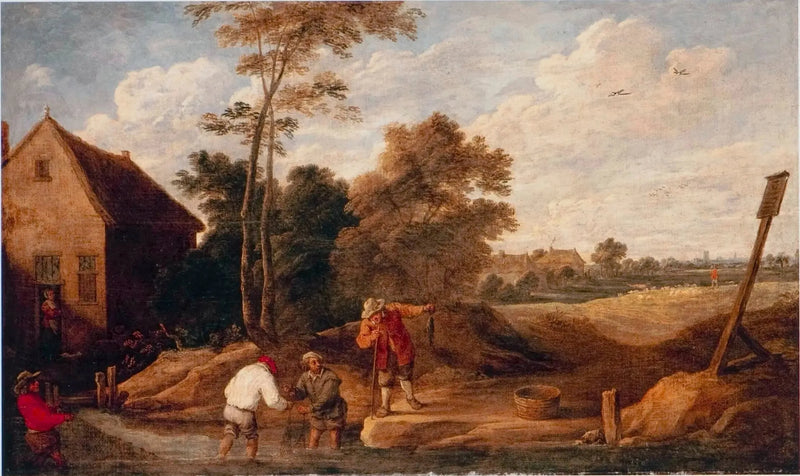 Contadini che pescano in un ruscello, vicino a un chalet - David Teniers il Giovane