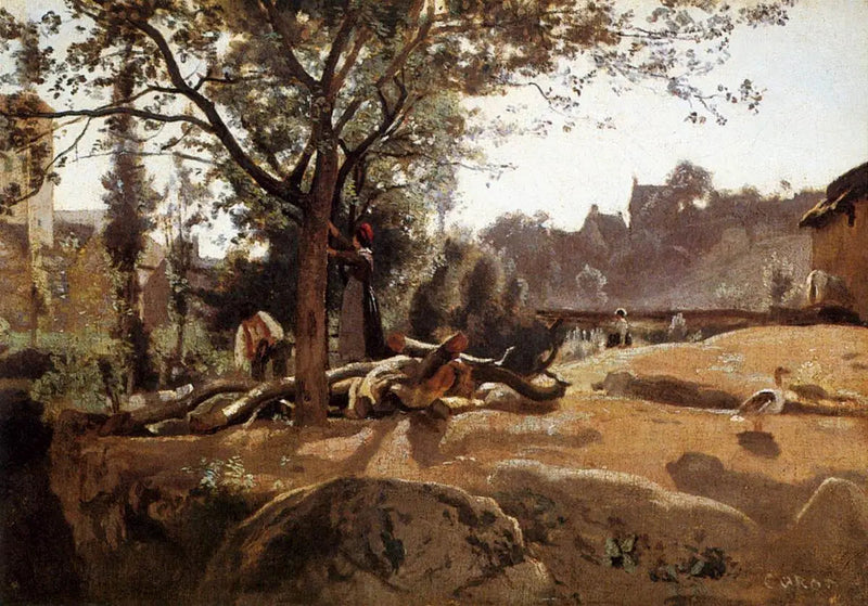Contadini sotto gli alberi all'alba - Jean-Baptiste Camille Corot