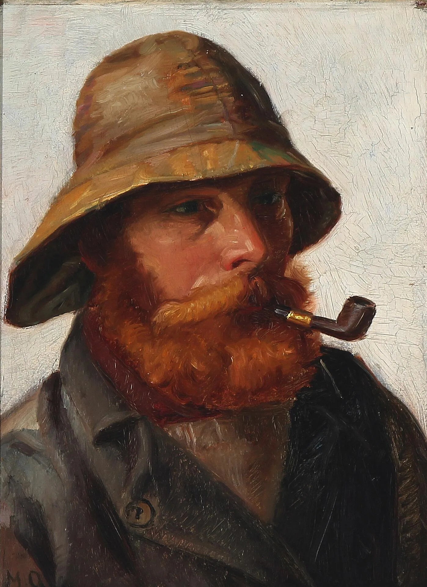 Pêcheur à la barbe rousse, coiffé d'un ciré jaune et fumant la pipe. - Michael Peter Ancher image 1 copie peinte à la main à l’huile