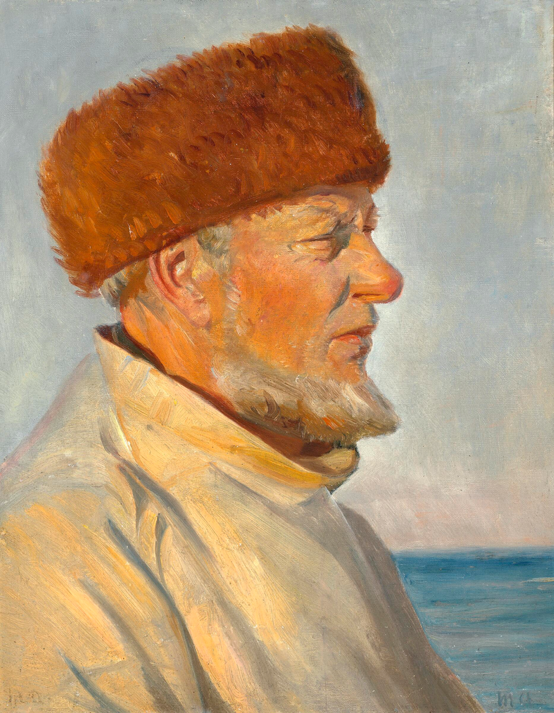 Un pescatore di Skagen, con indosso un cappello di pelliccia, prende il sole sulla spiaggia. - Michael Peter Ancher