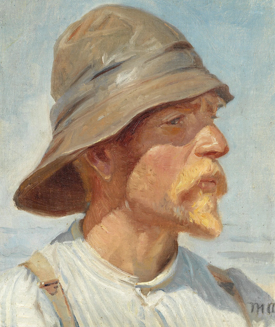 Pescatore di Skagen che indossa una cerata, una camicia a righe e bretelle. - Michael Peter Ancher