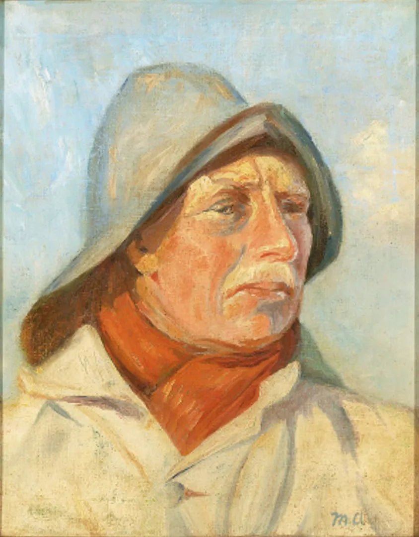 Pescatore che indossa una cerata e una sciarpa rossa. - Michael Peter Ancher