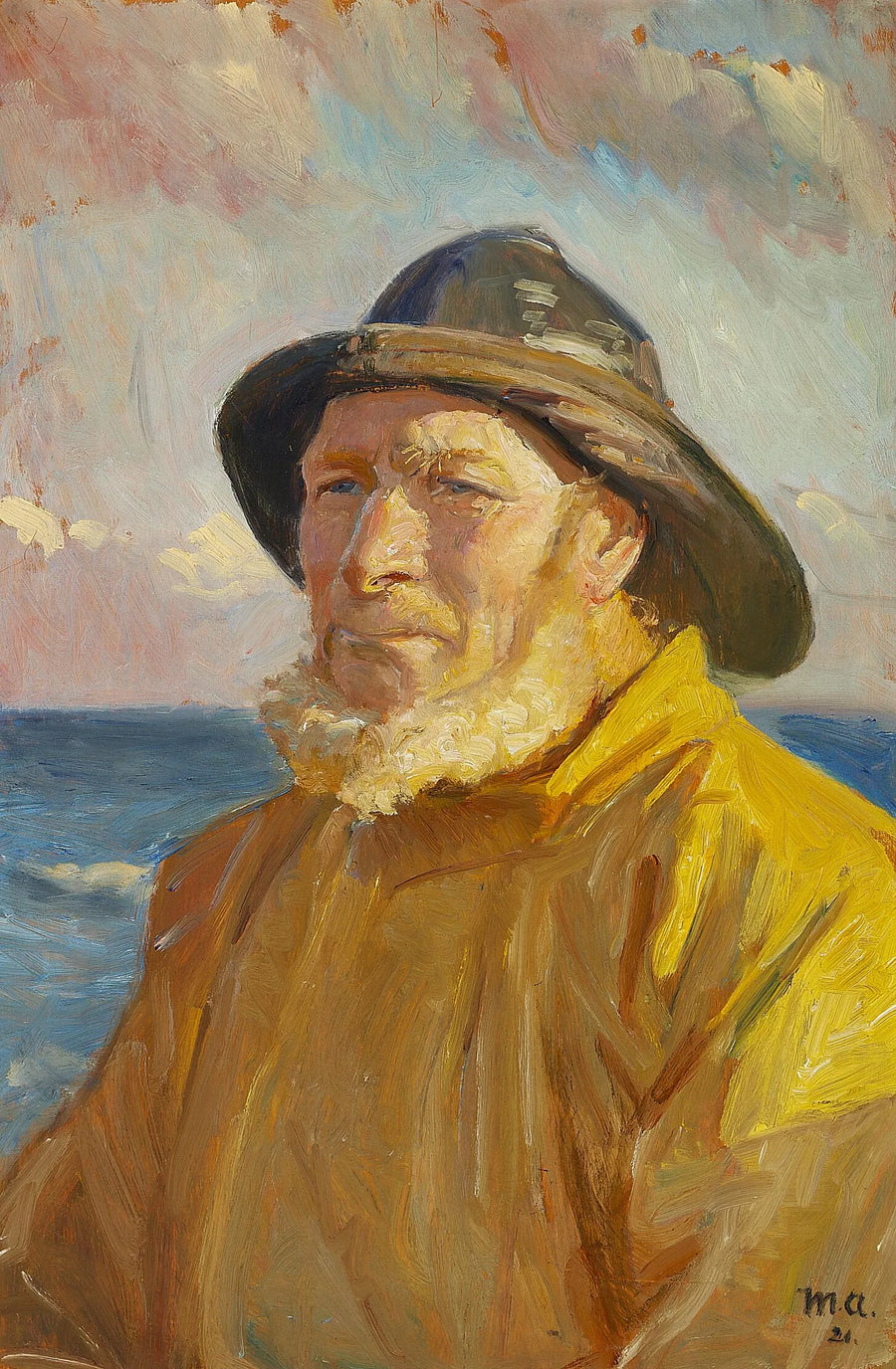 Pescatore che indossa un impermeabile e un impermeabile. -Michael Peter Ancher