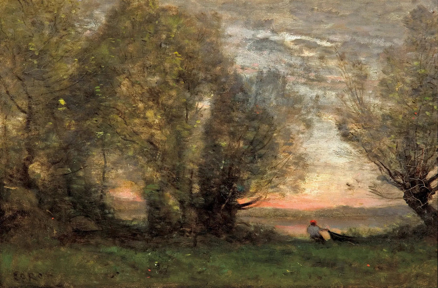 Pescatore che tira la sua barca vicino a un vecchio salice, effetto serale - Jean-Baptiste Camille Corot