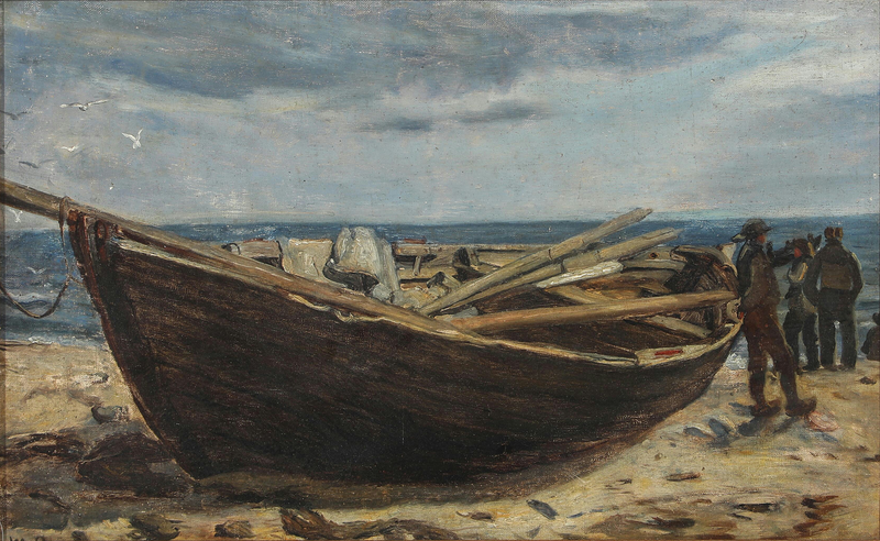 Pescatori e una barca sulla spiaggia di Skagen. -Michael Peter Ancher