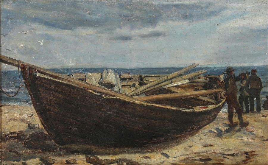 Pescatori e una barca sulla spiaggia di Skagen. -Michael Peter Ancher