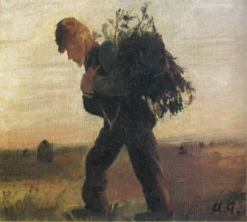 Per Bollerhus, con il suo fascio di ramoscelli in mano, attraversa la brughiera - Anna Ancher