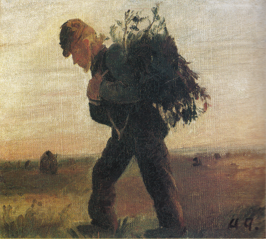 Per Bollerhus, con il suo fascio di ramoscelli in mano, attraversa la brughiera - Anna Ancher