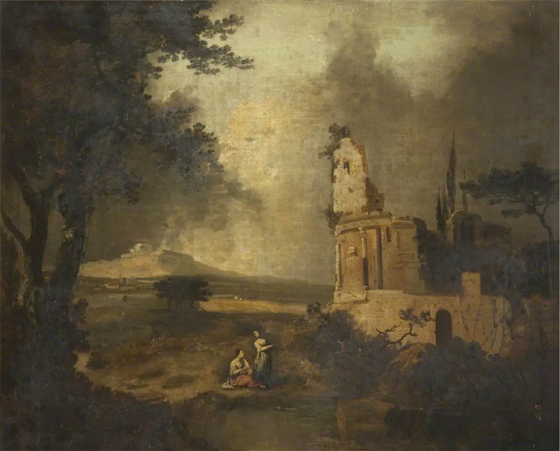 Personaggi conversanti in primo piano; in lontananza, Betlemme - Claude Lorrain