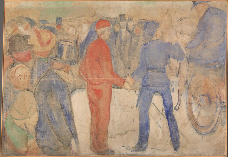Persone che si radunano attorno a un uomo in rosso - Edvard Munch