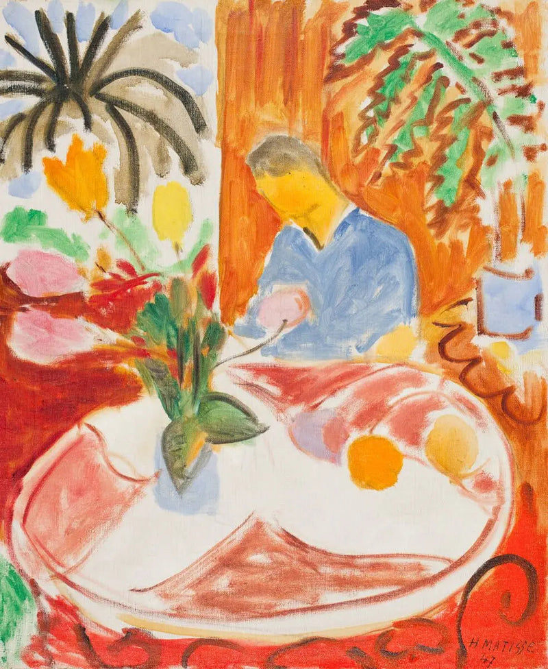 Piccolo Interno con Tavolo Rotondo in Marmo, Palma e Personaggio - Henri Matisse