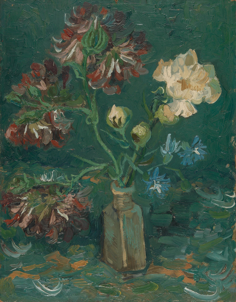 Piccola bottiglia con peonie e delphinium blu - Vincent van Gogh