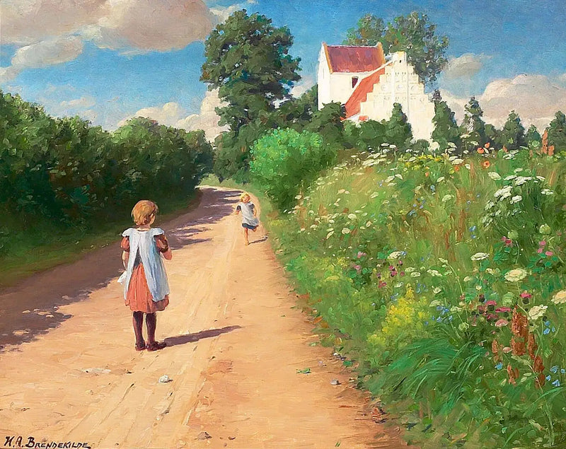 Piccole ragazze che giocano davanti alla chiesa di Brændekilde in una calda giornata estiva. - H. A. Brendekilde