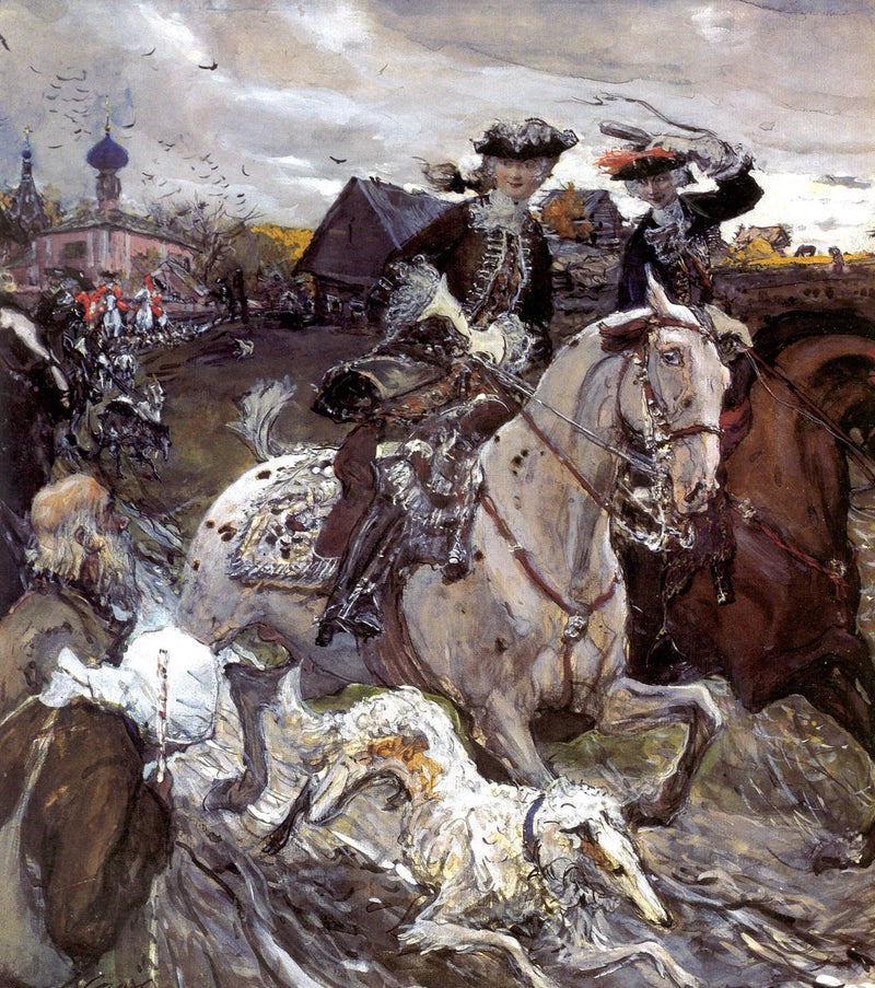 Pietro II e la principessa Elisabetta Petrovna a caccia con i cani - Valentin Serov