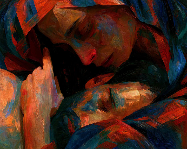 Pietà expressionniste carrée rouge et bleue — Peinture à l’huile sur commande