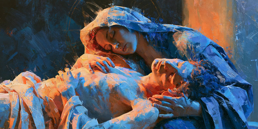 Pietà en bleu et orange — compassion dans un format horizontal