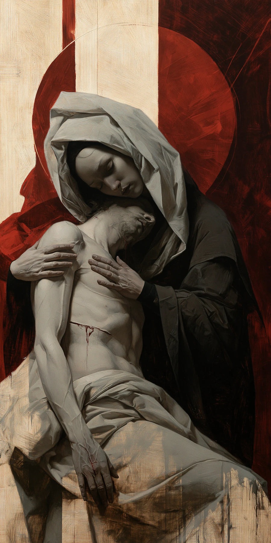 Pietà verticale sculpturale devant une arche rouge et noire