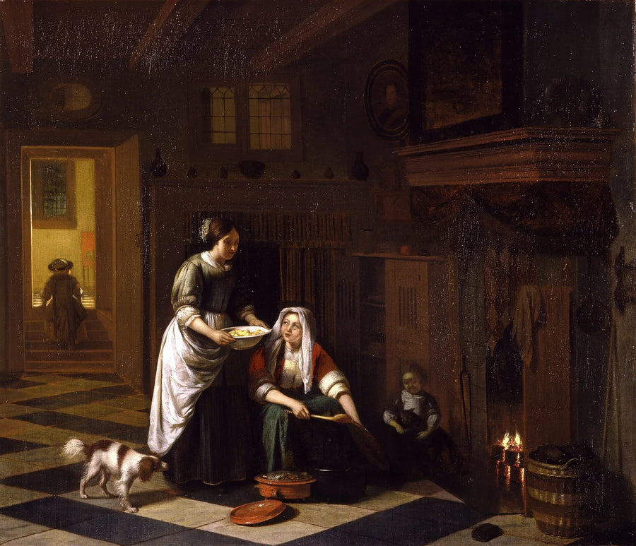 Deux femmes et deux enfants près de la cheminée, peinture de Pieter de Hooch